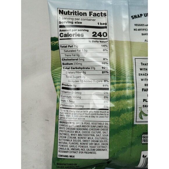 Harvest Snaps Green Pea Snack Crisps White Cheddar Slightly Salted 1.75-2.0 oz - Picture 11 of 11